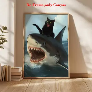 Unframed Wall Art, Art Prints, Animals Adventure Poster, Pirate Cat Standing on Shark Pattern, Black and Blue Color Aesthetics, Exciting Style, for Bedroom, Nursery Decoration, Housewarming Gift, Modern Art Design, Modern Home Decor