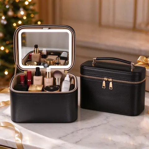Portable Travel Makeup Container Set - PU Leather Make-up Bag with Anti-Leak Pads, Built-in LED Light Mirror, Brighten on Touch, Adjustable Brightness, Charge & Glow, Zipper Closure, Handle Strap, 9.1”x5.9”x5.6” Vanity Organizer