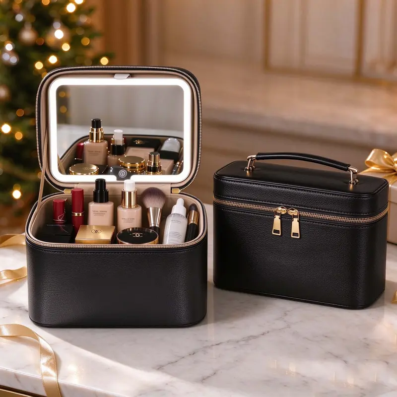Portable Travel Makeup Container Set - PU Leather Make-up Bag with Anti-Leak Pads, Built-in LED Light Mirror, Brighten on Touch, Adjustable Brightness, Charge & Glow, Zipper Closure, Handle Strap, 9.1”x5.9”x5.6” Vanity Organizer