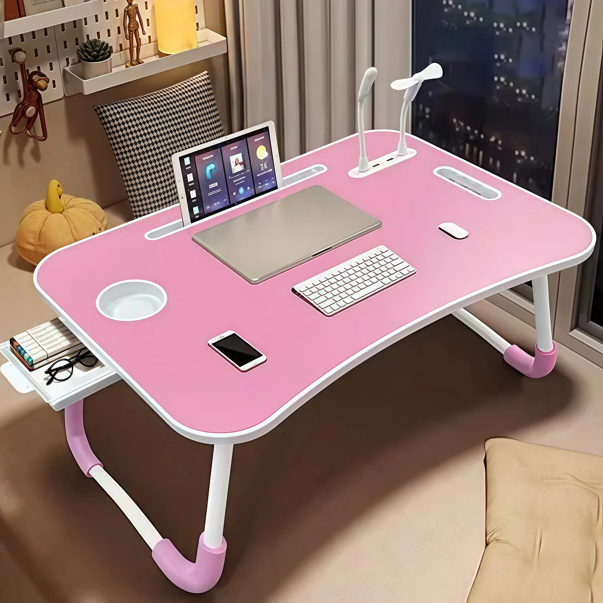 Portable Foldable Laptop Bed Table with 4 USB Ports, Storage Drawer, Cup Holder, Ergonomic Handle, Particle Board Construction - Multi-Functional Desk Stand Tray for Eating, Working - Bedroom Computer Accessory