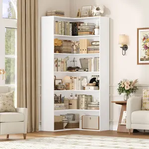 Corner Bookcase 6 Tier L-Shaped Bookshelf, 73.5" Tall Bookcase Shelf, L Shaped Bookshelf and Bookcase, 6 Tier Modern Bookshelf for Living Room, Home Office, Library, White