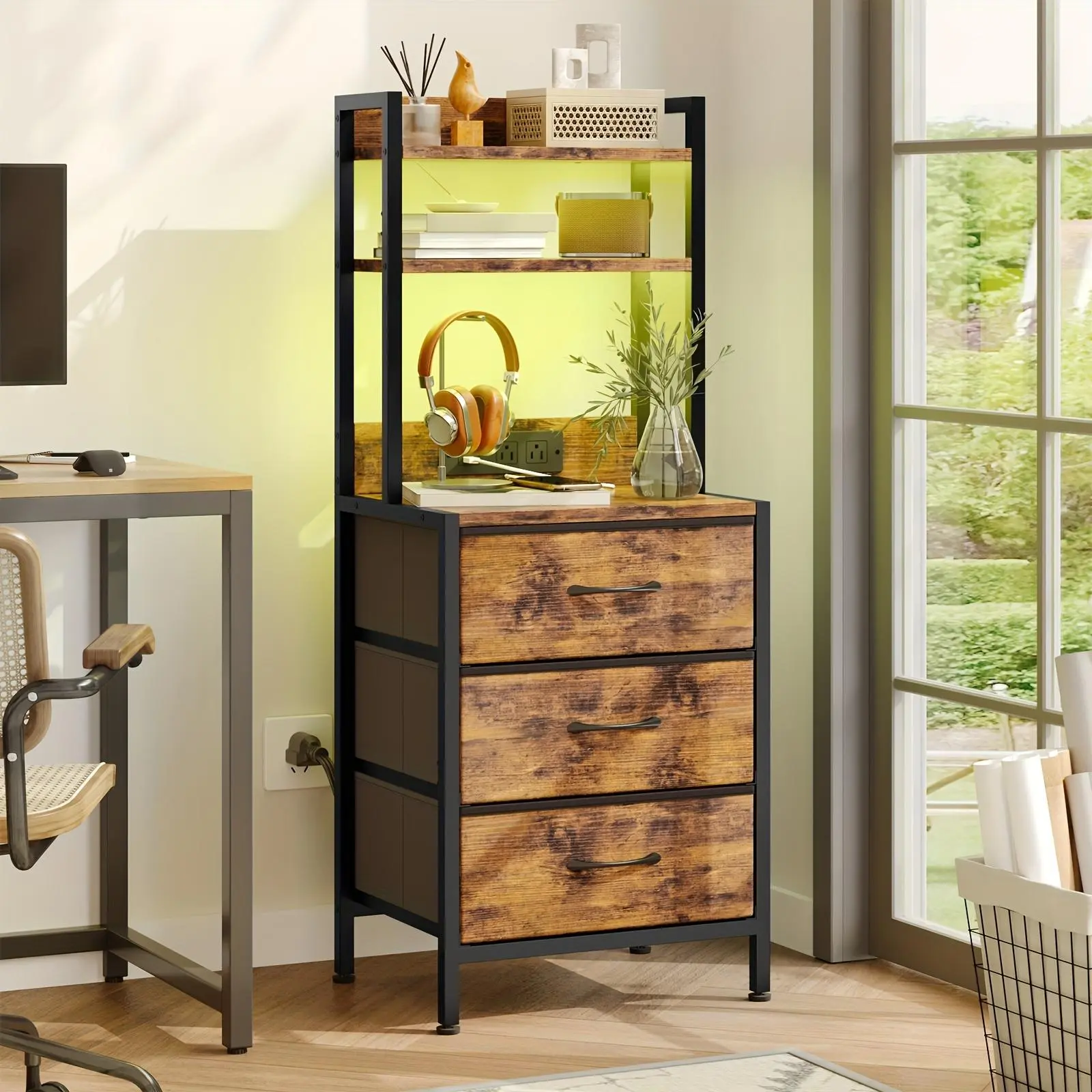 Bedside Table With Charging Station, LED Bedside Lamp With Built-in Power Outlet, 3 Fabric Storage Drawers, Integrated Bedside Desk And Bookshelf, Ideal For School And Dorm Room Storage, Brown