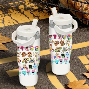 Game D-Dandy's World Vacuum Flasks 30oz Stainless Steel Flip Straw Tumbler with Handle - Leakproof Twist Lid Vacuum Insulated Travel Mug - BPA Free Reusable Water Bottle for Gym Work and Travel - Fits Car Cup Holders