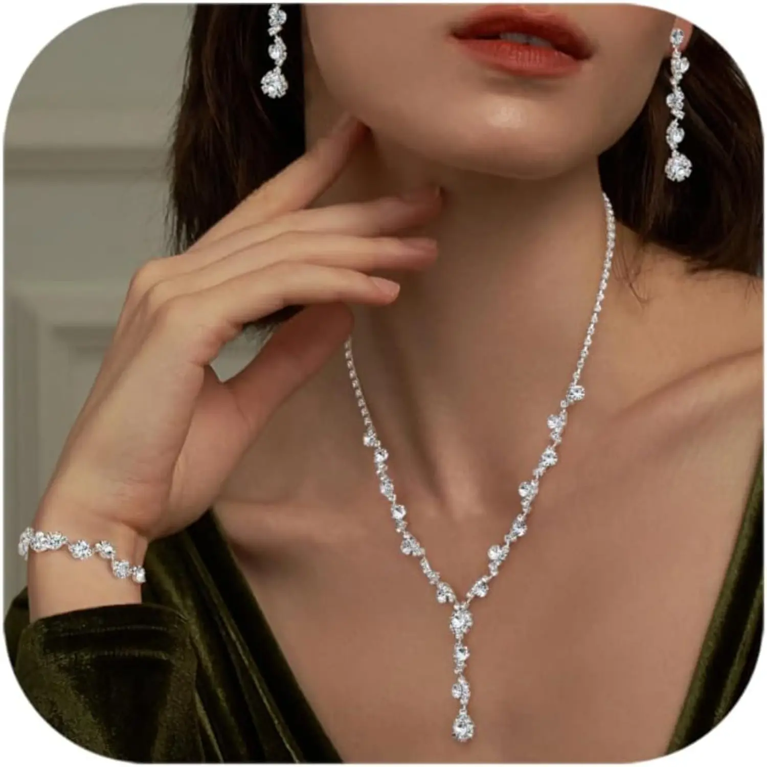FUNRUN Silver Jewelry Set for Women Rhinestone Necklace and Earrings Bridal Wedding Jewelry Sets for Brides Bridesmaid Crystal Wedding Prom Jewelry Christmas Day Gift
