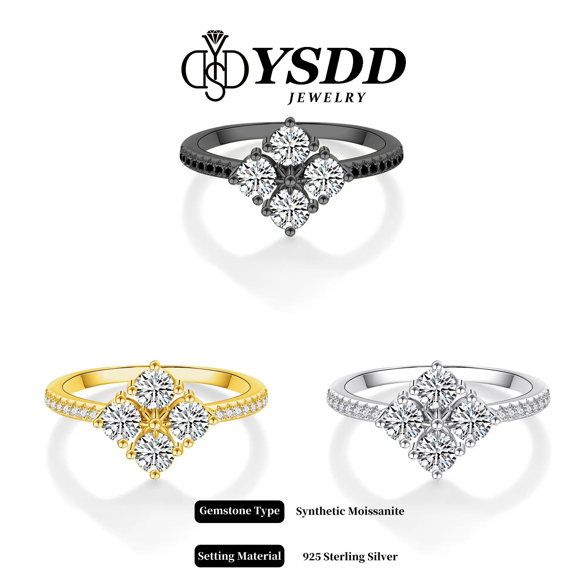 【#443 Lucky Clover】1.2CT Clover Ring vvs Synthetic Moissanite Rings in 925 Sterling Silver