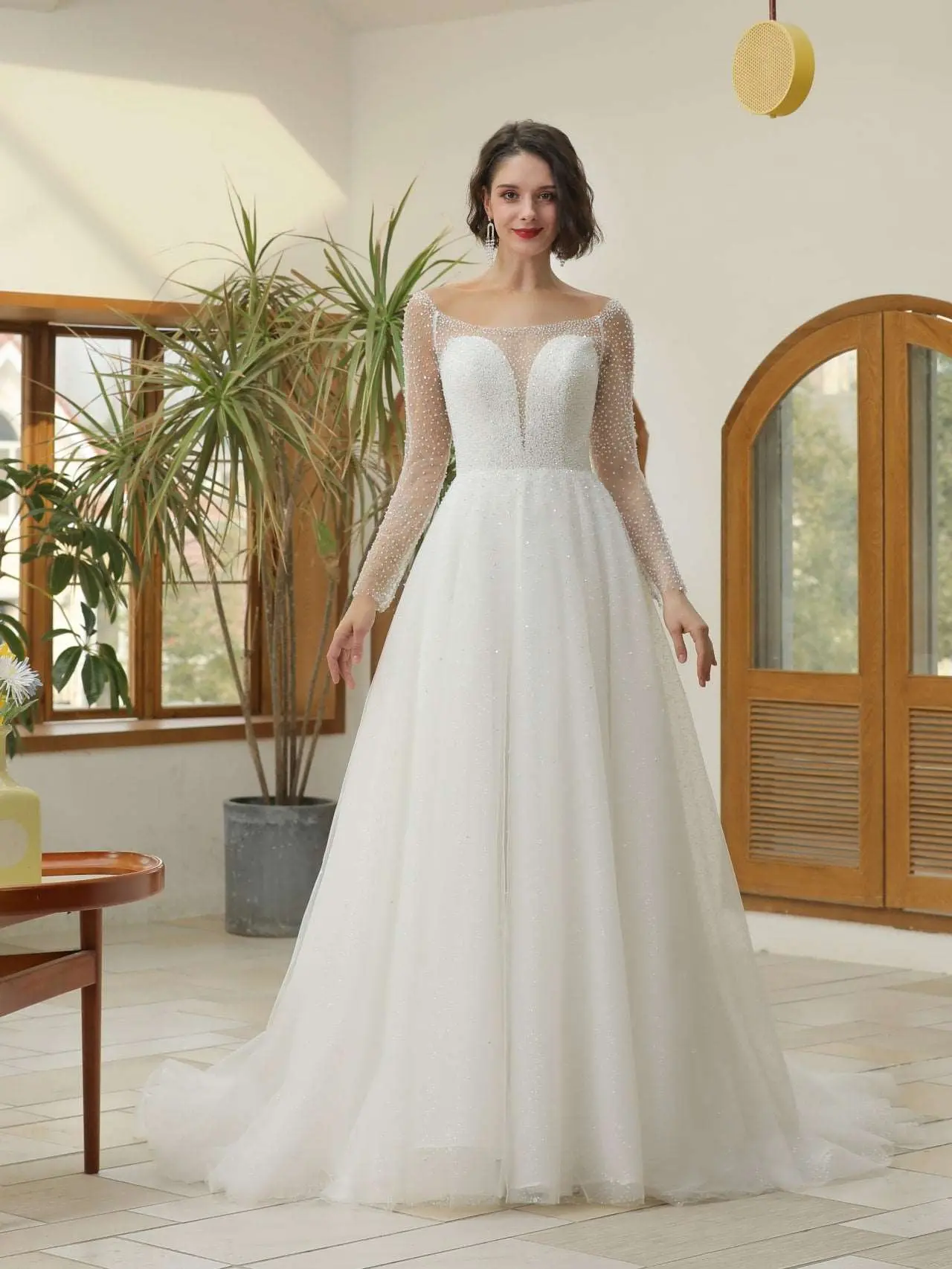 Women's Long Sleeve Wedding Dress, Glamorous A-Line Tulle Gown with Plunge Neckline and Heavy Mixed Beading for Formal Weddings, Beads, Jasmine, Elegant Dresses, Full Sleeves, Zip, Glamorous Wedding Dresses