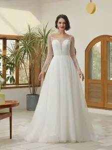 Women's Elegant Classy Glamorous Embellished Long-Sleeve Wedding Dress - A-Line Gown with Mixed Beading, Plunge Neckline and Jasmine Design, Elegant Wedding Dresses