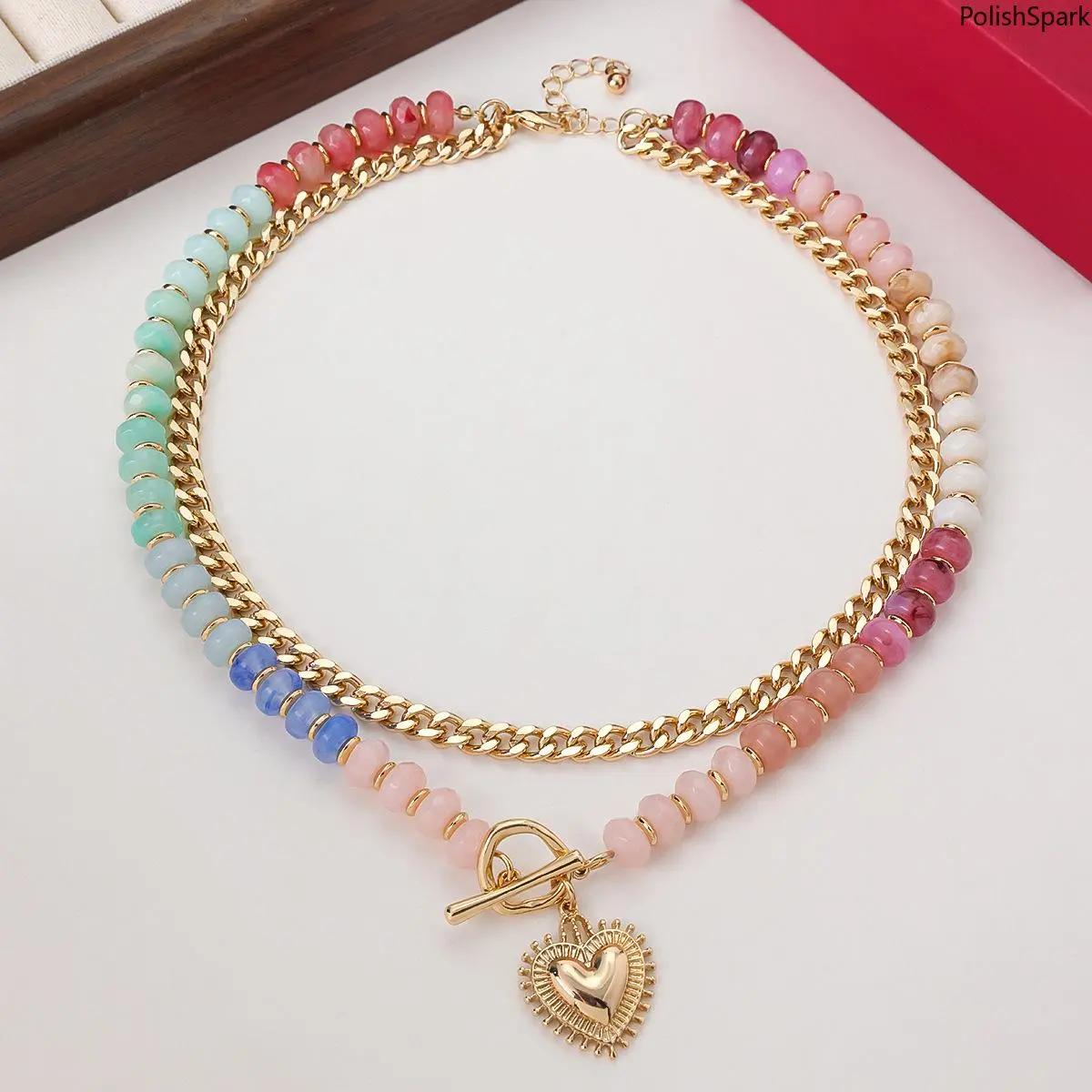 Y2K Layered Colorful Beaded Necklace, Multi-Chain Dopamine Statement Choker with Heart & Coin Pendants