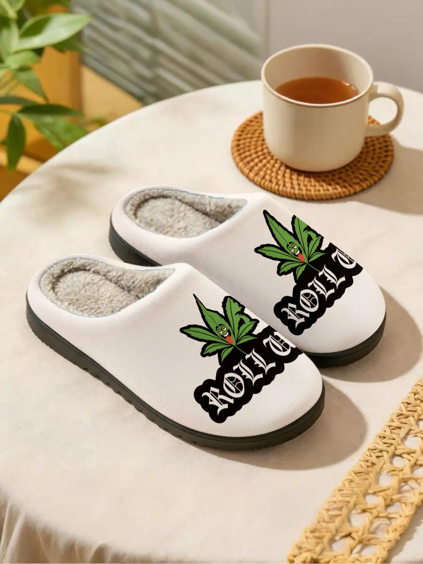 Roll Up Weed Leaf Cool Plush Slippers, Fluffy Home Slippers, Street Hip-Hop Style, Fleece Warm, Soft Feel, Winter Home Shoes for Young & Streetwear Lovers