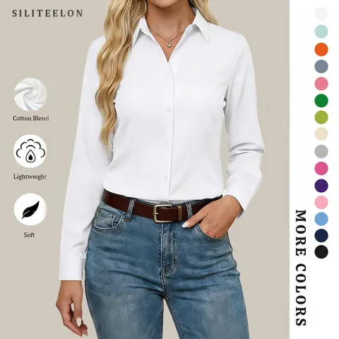 Siliteelon Button Down Shirts for Women Long Sleeve Classic Fit Work Business Casual Collared Blouse Tops Formal Colorful Outfits Fall Winter Fashion Inspo Office Outfits