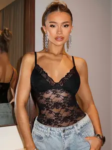 Women's Black Low Cut Lace Sexy Suspender Adjustable Bodysuit For Valentine's Day Women's Outfits, Women's Spring Outfits, Valentine's Day Outfits