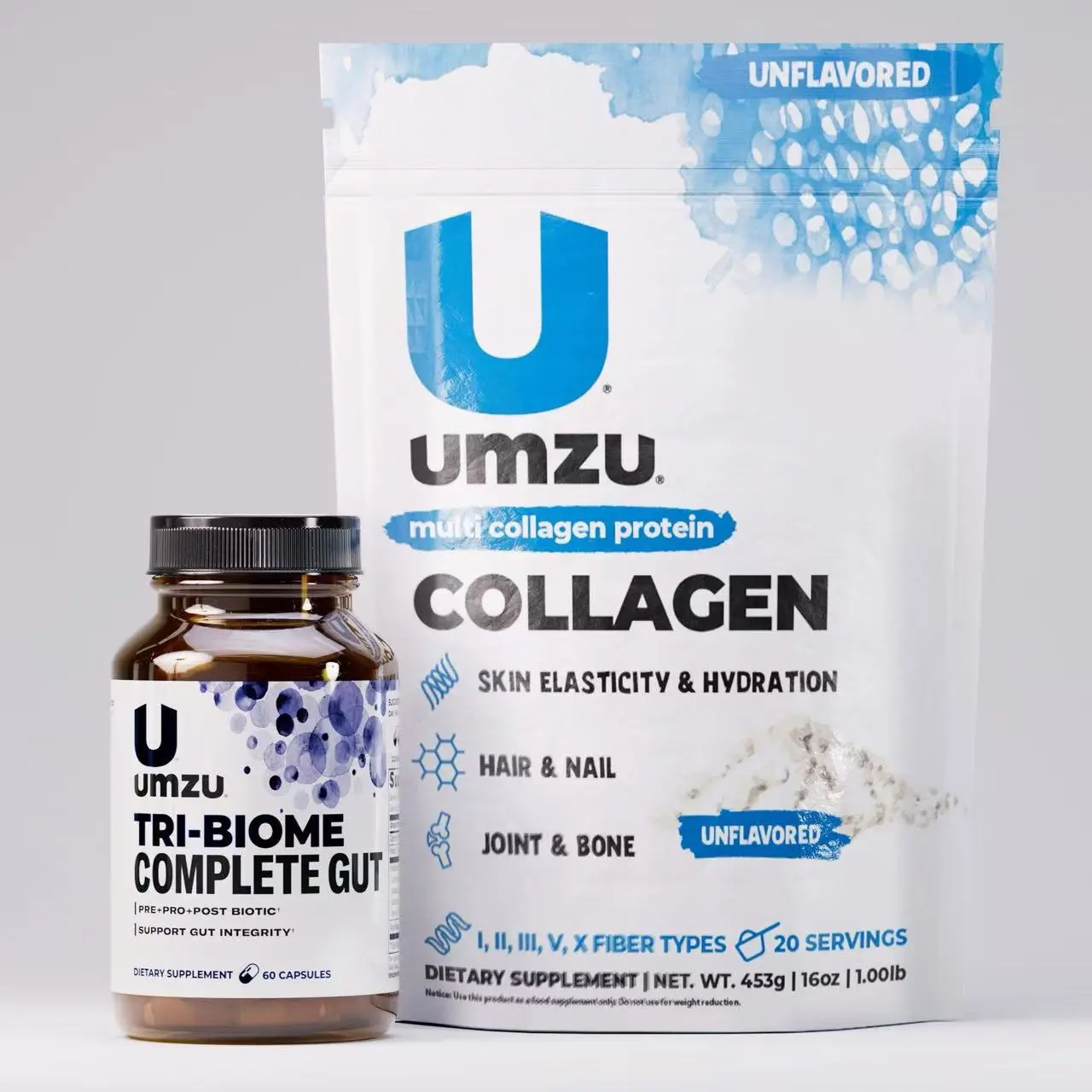 UMZU Beauty Bundle - 8-Strain Tri-Biome Edible Probiotic Powder with Postbiotics, Multi Collagen Nutrition Supplement with Antioxidants, Gut Support, Anti-Aging Benefits for Women (Neutral Flavor Probiotics Antioxidants Nutritional Supplements)