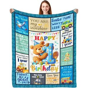 1 Year Old Boys Gifts, Happy 1st Birthday Blanket 50"x40", 1st Birthday Gifts for One Year Old Boys, Baby Boy First Birthday Gift Ideas, Teddy Bear 1st Birthday Decorations for Boy Blanket