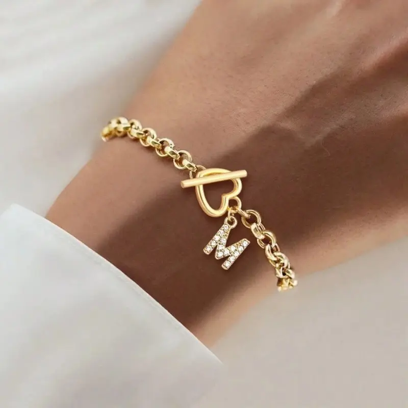 Personalized Initial Bracelet for Women, Gold-Plated Stainless Steel A-Z Letter Charm with Heart Toggle Clasp, Gold Aesthetic Arm Candy Accessories, Customized Jewelry Gift, Heart Shaped Bracelet, Customized Gifts, Daily Wear, Initial Letter, Tarnish-Free