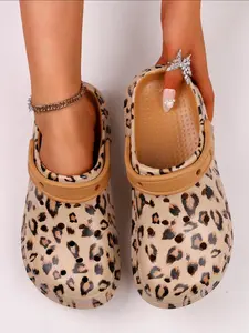 Women's Leopard Print Sandals, Thick Soft Sole, Two-Way Wear Home Garden Shoes, Lightweight Anti-Slip Eva Slippers, Breathable Hollow Out Beach Sandals