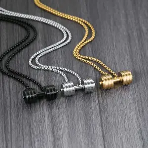 Dumbbell Necklace Stainless Steel Polished Rollable Barbell Pendant Men's Jewelry