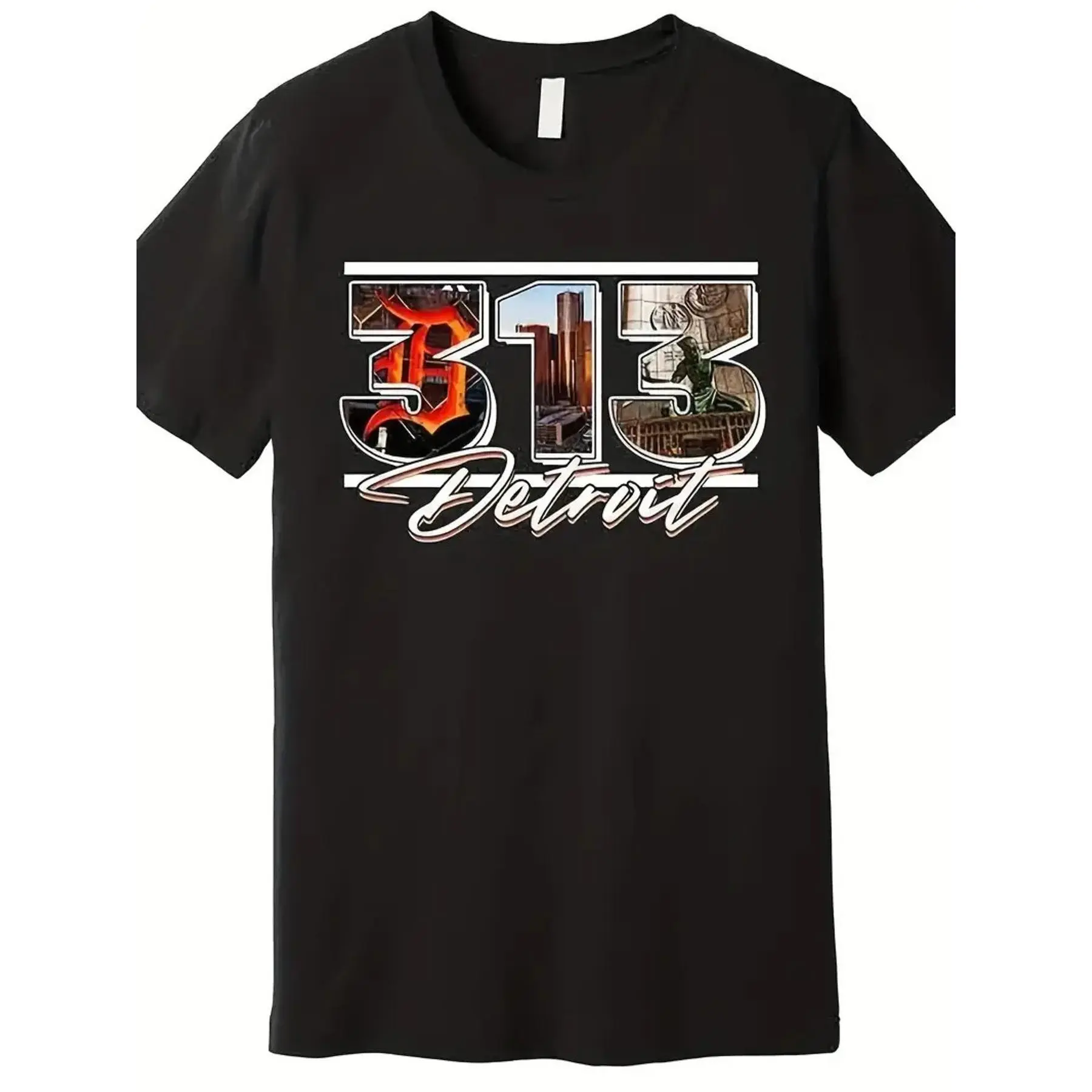 #TikTokShopRestock Mens Plus Size XXL 100% Cotton Fabric Classic Crew Short-Sleeve Round Neck Fitted T-Shirt - Detroit 313 Cityscape Print, Soft, Breathable, Moisture-Wicking, Relaxed Fit, Ideal for Casual Attire, Holiday Gifts