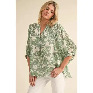 Sage & Ivory Hi-Lo Floral Chiffon Top