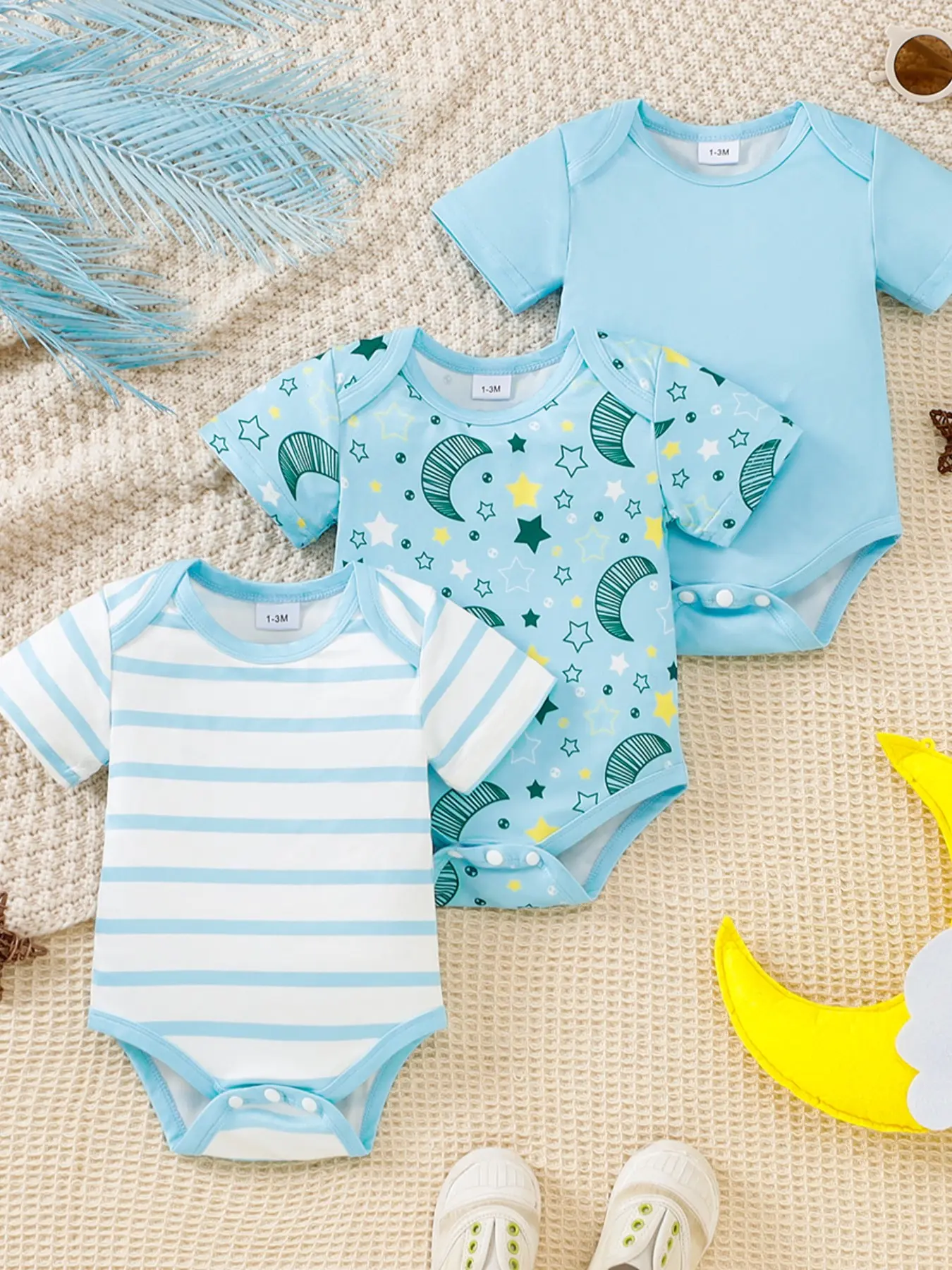 Spring Summer Baby Boys' Three-Piece Set, Blue Short Sleeve Romper, Solid Striped Star Moon Print, Cute Slim-Fit Above Knee, Printed Bodysuit Set, Rompers Set, Baby Boy Clothes, Baby Clothing