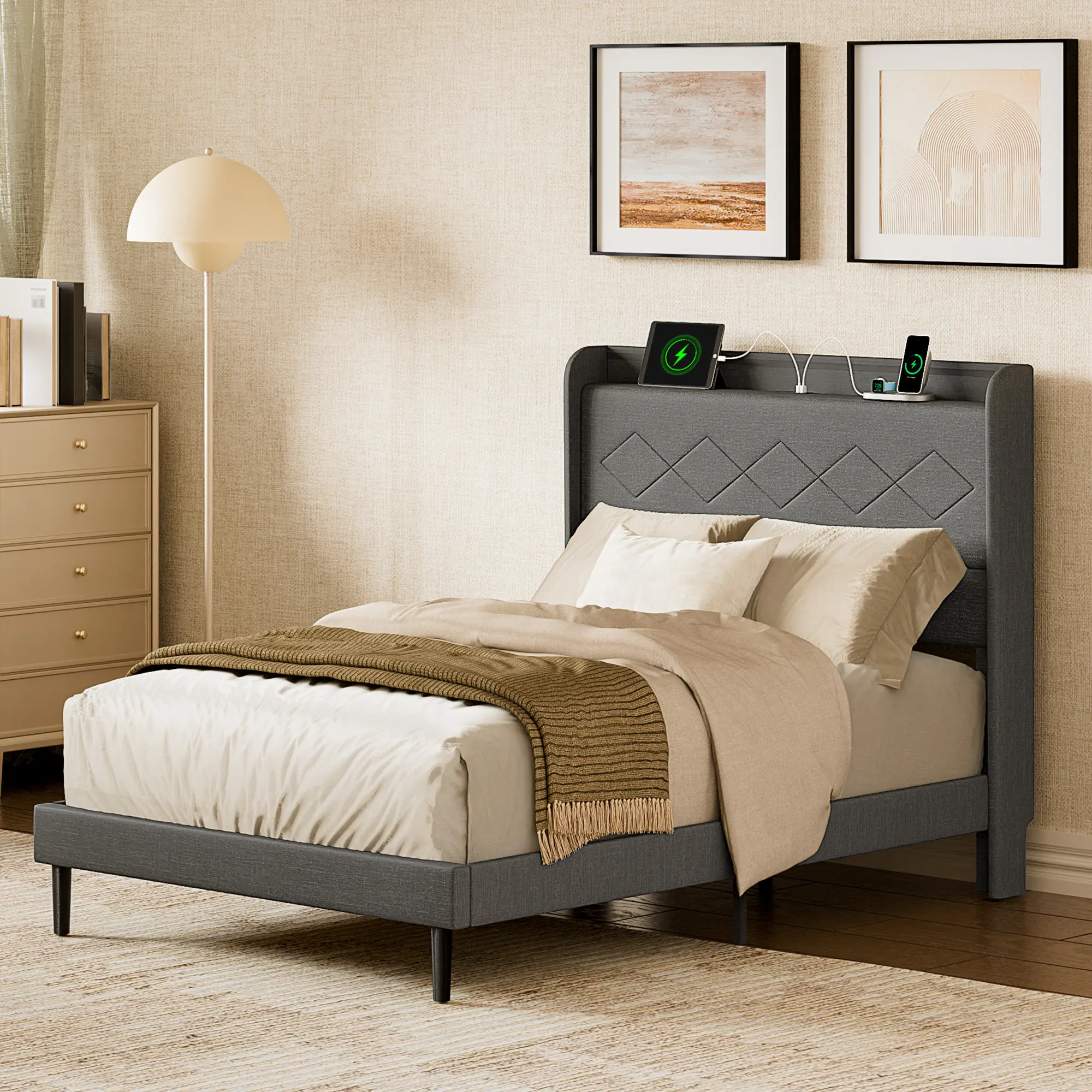 Wingback Upholstered Bed Frame with L-Shaped Shelf – LED Lights & Built-In Charging Station – Squeak-Free Platform Bed, No Box Spring Required
