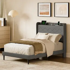 Wingback Upholstered Bed Frame with L-Shaped Shelf – LED Lights & Built-In Charging Station – Squeak-Free Platform Bed, No Box Spring Required