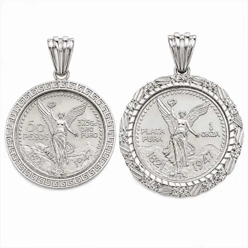 925 Solid Silver Mexican 50 Pesos Centenario Coin Pendant, Italian Crafted, 1 Onza Size, Versatile Appeal Jewelry Accessory