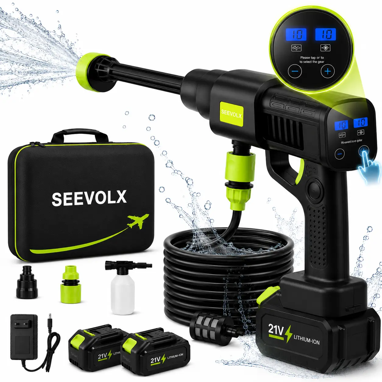 【Exclusive Offer】SEEVOLX Touchscreen Battery Operated Portable Power Tool Pressure Washer, Digital Display Adjustable Water Pressure, Dual Battery, Upgraded Aviation Carry Case, Multi-Nozzle Kit for Car Washing, Patio Cleaning