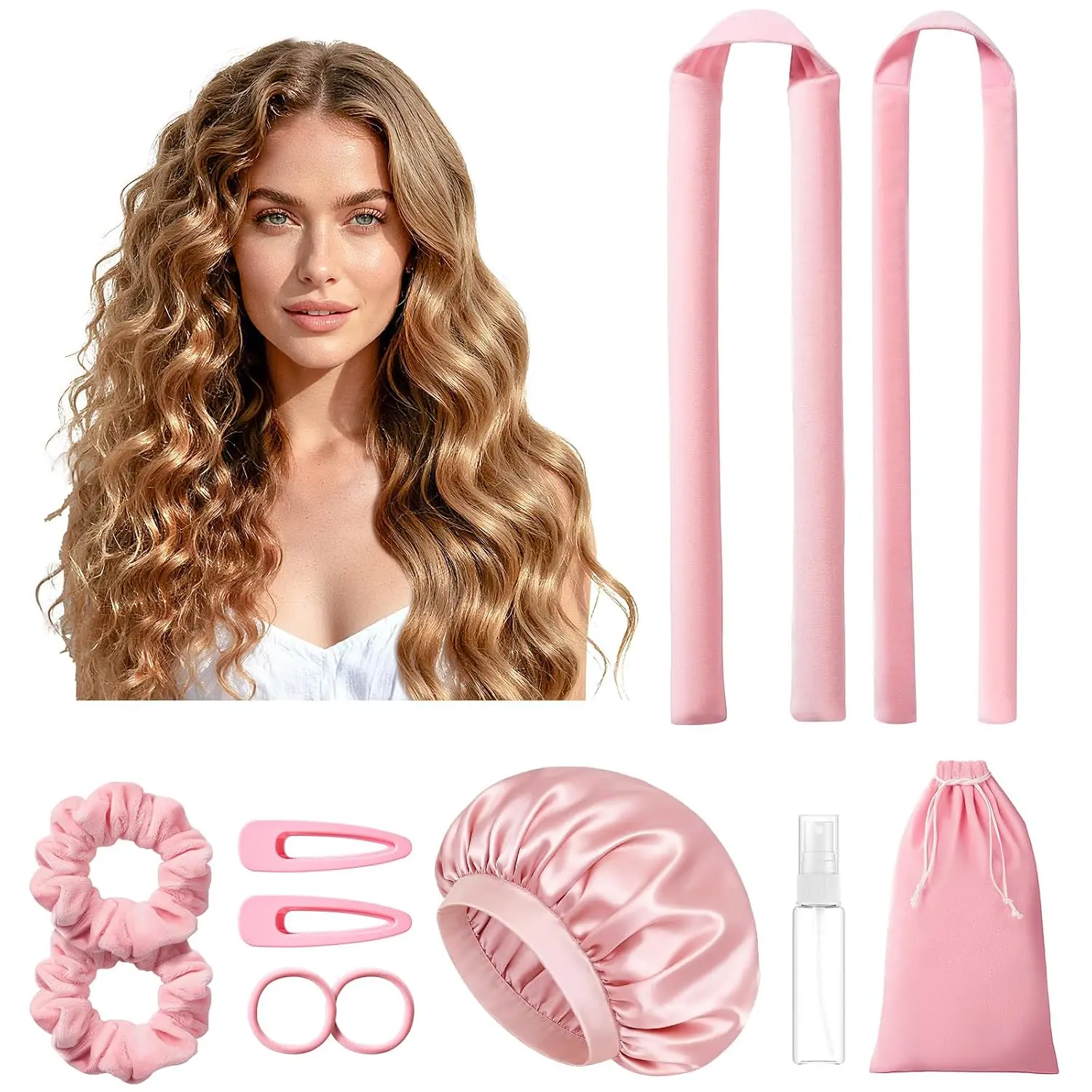 LitBear Heatless Curls Overnight, 2 Sizes of Soft Hair Rollers for Women with Bonnet to Sleep In, No Heat Hair Curlers Set with Scrunchies and Clips, for Long and Medium Hair (Pink)