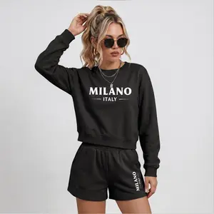 Women’s Milano Letter Print Crewneck Short Sleeve Sweatshirt And Shorts Set, Trendy Casual Two Piece Outfit With Built-In Drawstring Shorts