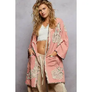 POL 3/4 Sleeve Crochet Star Patch Cardigan ~ Flamingo Pink