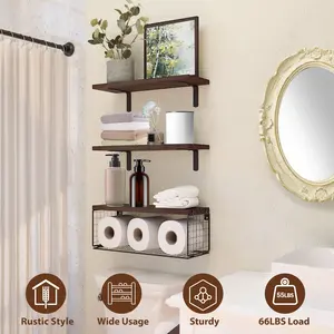 3-Piece Rustic Wood-Metal Wall-Mount Floating Shelves with Wire Basket, 66lbs Load Over-The-Toilet Organizer, Bathroom Organization Solution, Toilet Rack, Wall Decor for Supplies, Apartment Accessory