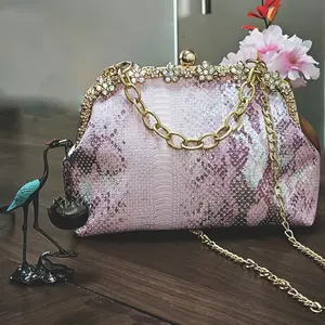 Elegant Floral Rhinestone Evening Clutch with Golden-Tone Chain, Crocodile Pattern, Removable Strap, Buckle Closure - Glittery Party Shoulder Bag in Pink, Golden, Blue, and Orange-Red Options