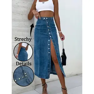 Women’s Elastic Washed Casual Fitted Denim Midi Skirt with Button Fly, Basic, Suitable for All Seasons, Perfect for Dating and Everyday Wear