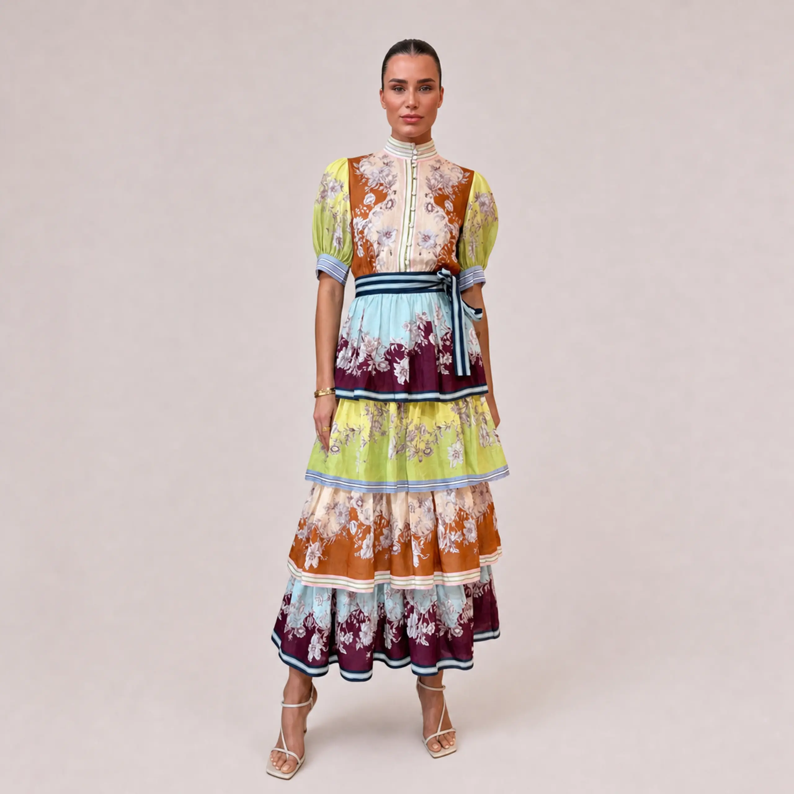 LikeMychoice Color Block Floral Tiered Midi Dress Puff Short Sleeve High Neck Belted Boho Summer Vacation Dress