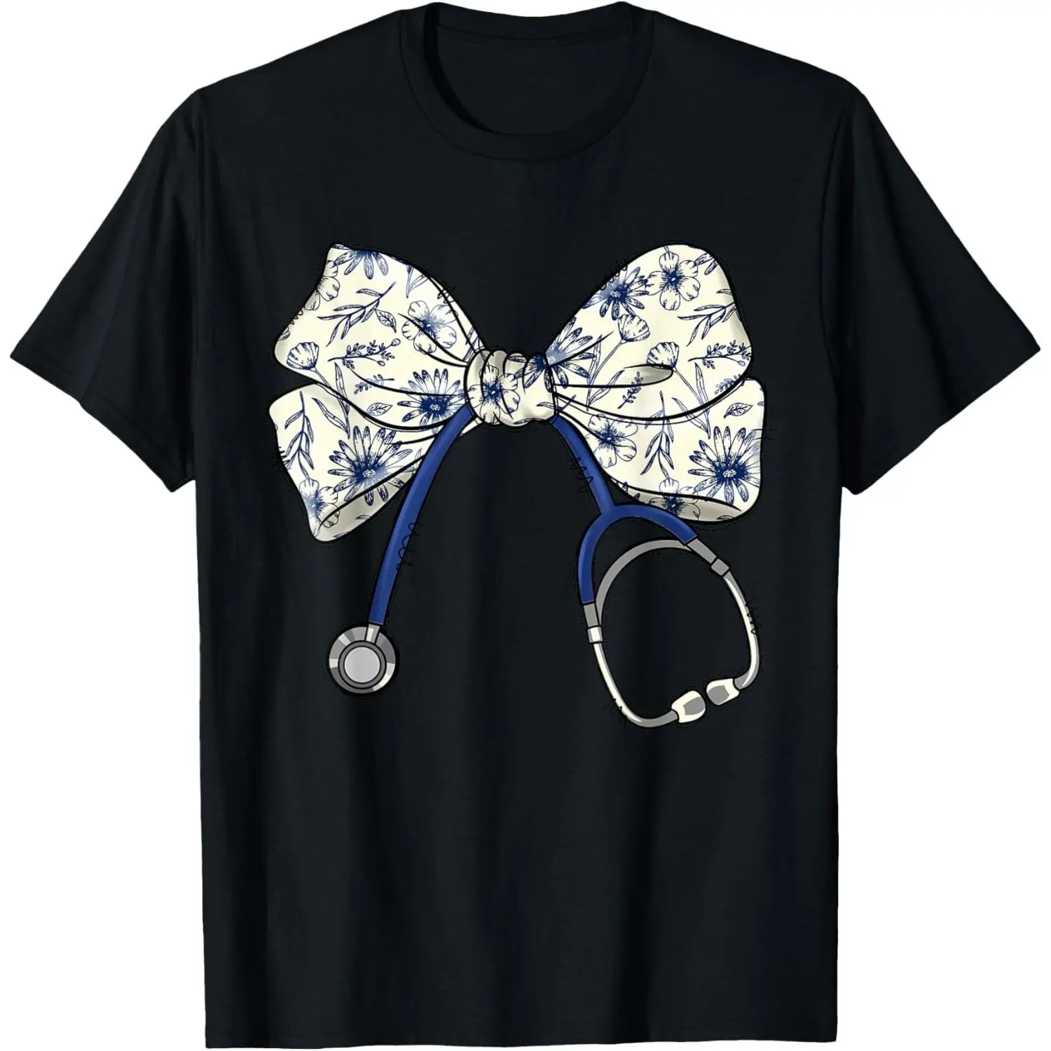 Short Sleeve  T-Shirt Floral Blue Coquette Bow Nurse Stethoscope Nursing Doctor T-Shirt Black Top Graphic tees