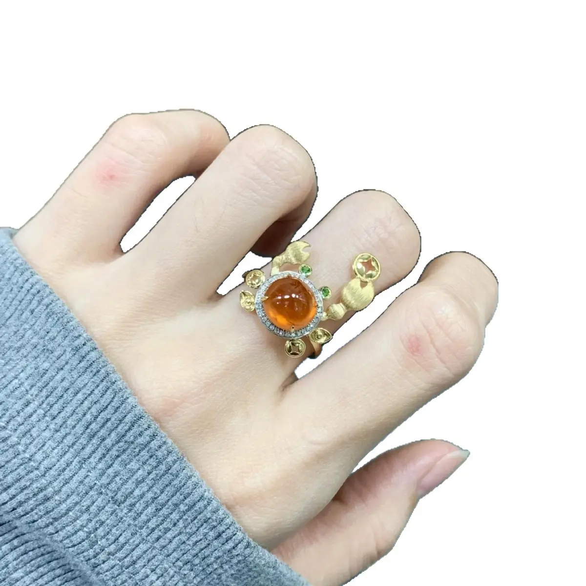 Cute Crab Open Statement Ring, Vintage Gold Plated Orange Gem Crab Finger Ring, Unique Wealth Lucky Adjustable Animal Band Ring for Women Trendy Jewelry