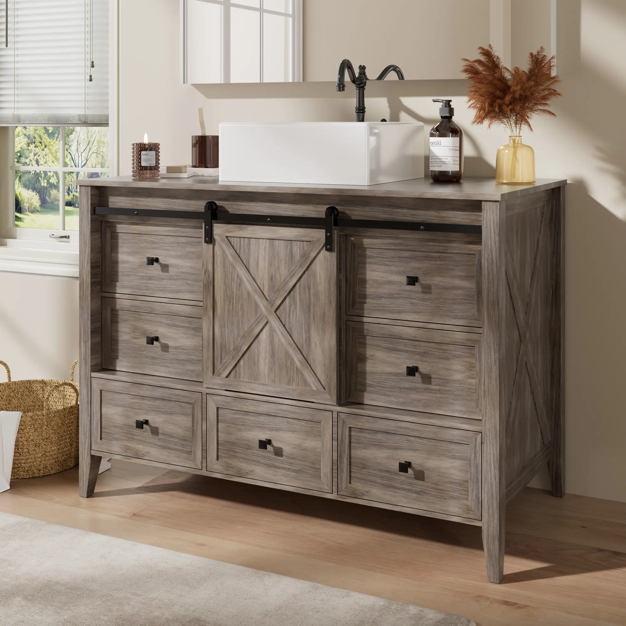 Modern 48-in Grey Wood Grain Freestanding Wood Bathroom Vanity with Ceramic Sink, Farmhouse Sliding Barn Door, 7 Drawers, Waterproof, Industrial Metal Accents, Raised Legs, Hidden Cabinet, Space-Saving Storage, Bath Decor, Assembly Required