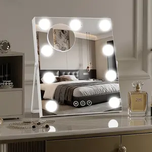 Bearolve Minimalist Smooth Round LED Vanity Mirror, 16"×10" Hollywood-Style Aluminum Metal Frame, 9 Dimmable LED Bulbs, 3-Color Lighting with Easy Switch, 10x Magnification, Rechargeable 3000mAh Battery, White Desk Beauty Gift, Led Mirror