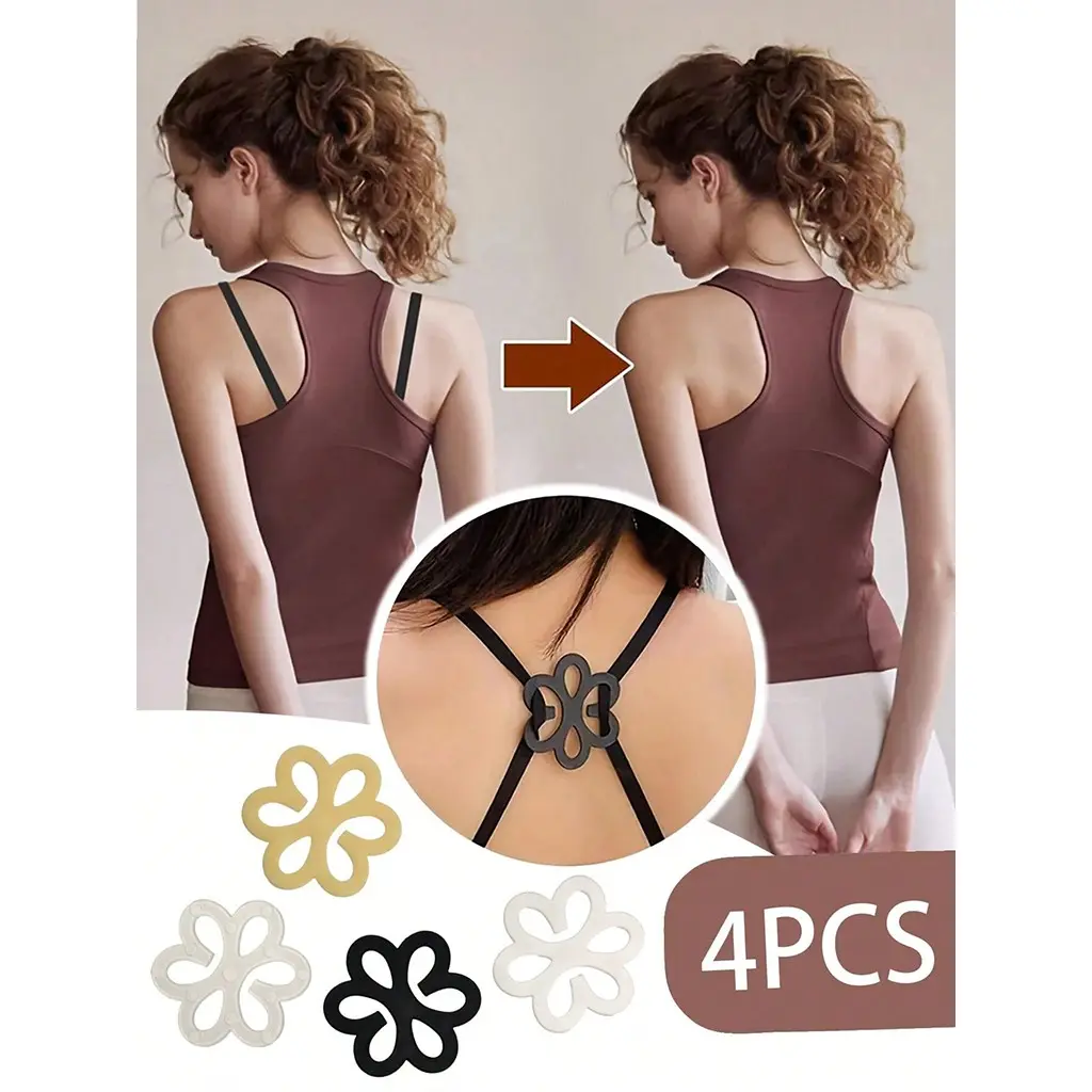 4 Pcs Floral Bra Strap Clips, Transparent Anti-Slip Shoulder Straps, Invisible Bra Backing Fixer, Versatile Underwear Accessory