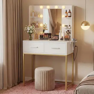 Furmax Modern Gold Metal Makeup Vanity Table Set - Engineered Wood Desk with Power Outlets, Hair Dryer Holder, LED Lights and Makeup Storage