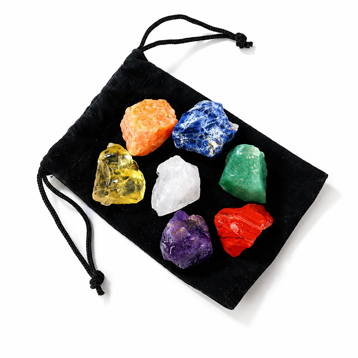 7 Chakra Natural Raw Crystal Set in Velvet Pouch - Rough Gemstone Collection with Amethyst, Citrine, Sodalite, Aventurine & Quartz - Spiritual Altar Decor, Meditation Yoga Gift for Women, Teens & Beginners
