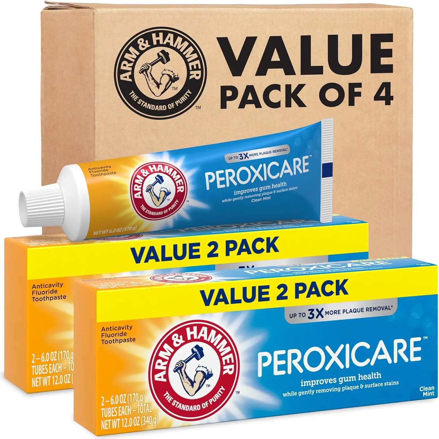 ARM & Hammer Peroxicare Toothpaste for Gum Health, Baking Soda Toothpaste, Clean Mint, 6.0 oz (Pack of 4