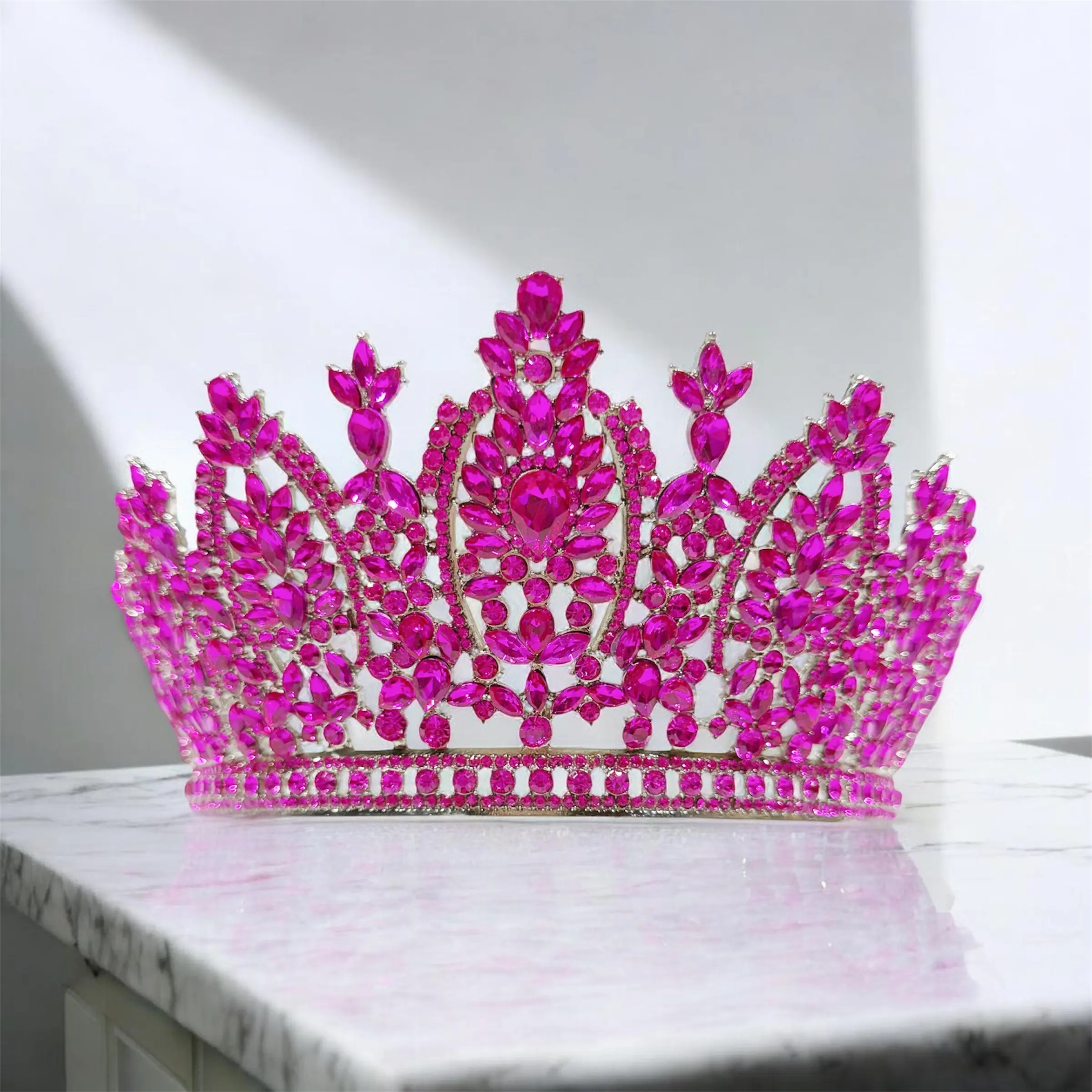 Women's Fuchsia Large Rhinestone Crown, Fashion Hair Accessory for Wedding, Pageant Events