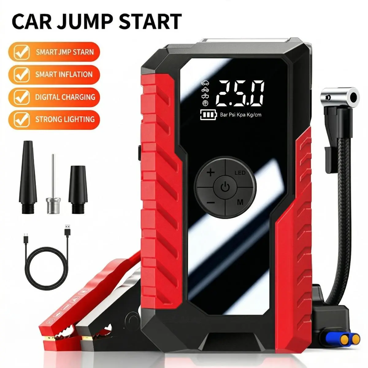 Car Jump Starter with Air Compressor, 1500A 4-in-1 Portable Car Battery Jumper, 150PSI Tire Inflator, Power Bank & LED Light, Emergency Tool for 12V Vehicles