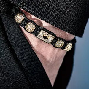 MANORSAGA Men's Adjustable Black Braided Crown Bracelet with Sparkling Synthetic Synthetic Zirconia Stones - Golden-Tone Rectangular Bezel Settings, High-Quality Craftsmanship for Daily Wear, Parties & Holiday Gifts (Christmas, Valentine's