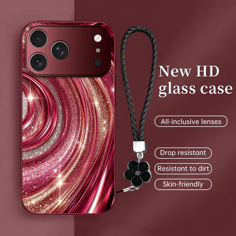 Luxury rose gold swirl phone case with flower lanyard, glitter pink art aesthetic cover for iPhone 18 17 16 15 14 13 12 11 Pro ProMax/Samsung Galaxy S25 S24 S23 Note --985