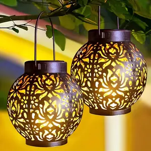 2 Pack Solar Moroccan Hanging Lantern Lights, Outdoor Metal Garden Lanterns with Warm White Pattern Projection for Patio Yard Porch Decor