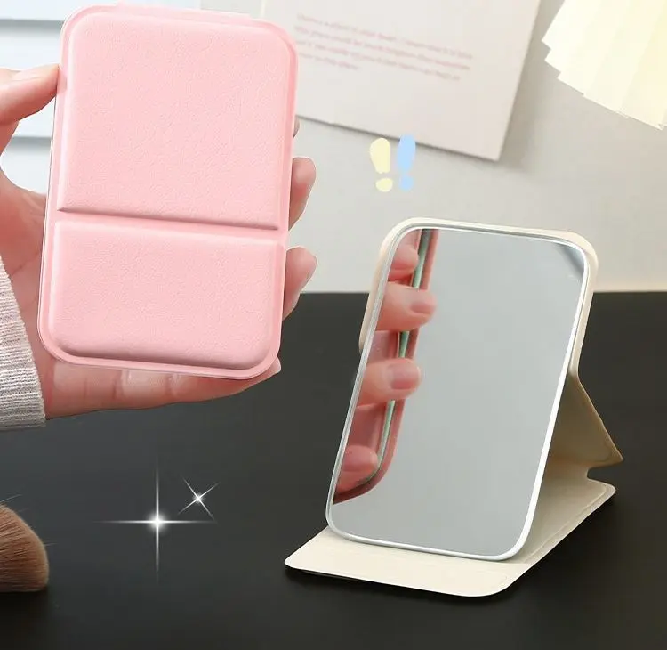 One portable makeup mirror made of leather, a foldable travel mirror, suitable as a gift, travel essential, cosmetic organizer, easy to store, and a school supply | Mirror, Travel Essential, Mini Mirror, Dressing Table with Mirror (Pink)