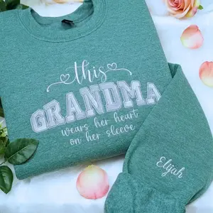 Custom Embroidered This Grandma Wears Her Heart on Her Sleeve Sweatshirt with Names, Personalized Grammy Gifts, Mothers Day Gift, Custom Grammy Sweatshirt, Nana Sweatshirt, Mama Gammy Mimi Meme Nanny Granny Shirt