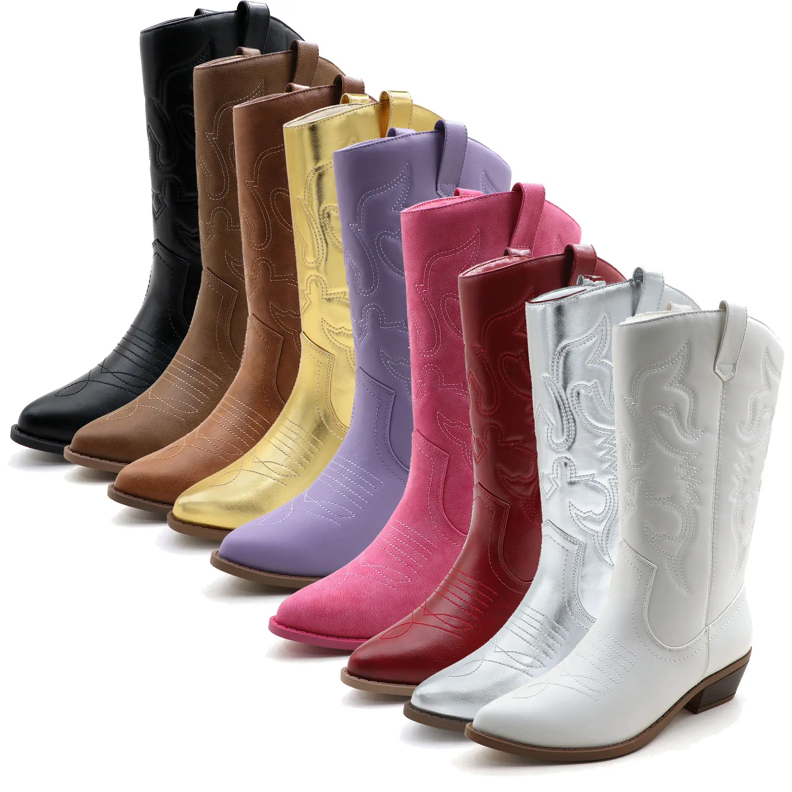 Women's Western Cowboy Mid-Calf Boots Vintage Cowgirl with Embroidered PU Leather Pointed Toe Wide Calf Low Chunky Heel Pull On Classic Retro Fashion 2026 Fall Winter Casual Dress Shoes Footwear Botas